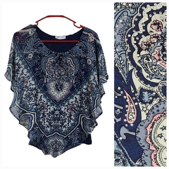 Dressbarn Westport Sparkly Blue Batwing Sleeveless Top Flowy Blouse Layered Work - Picture 1 of 10